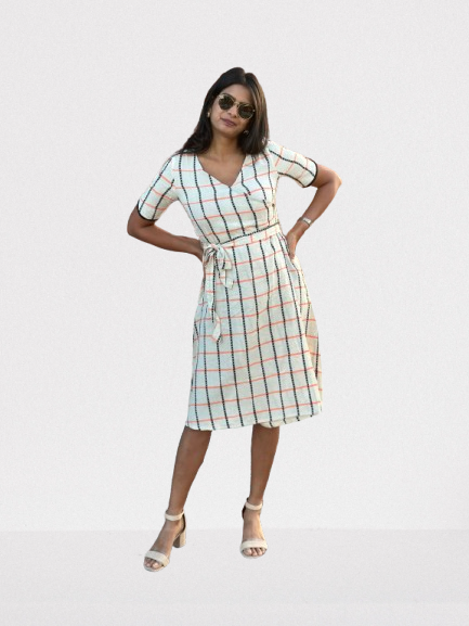 Checkered Wrap Midi Dress