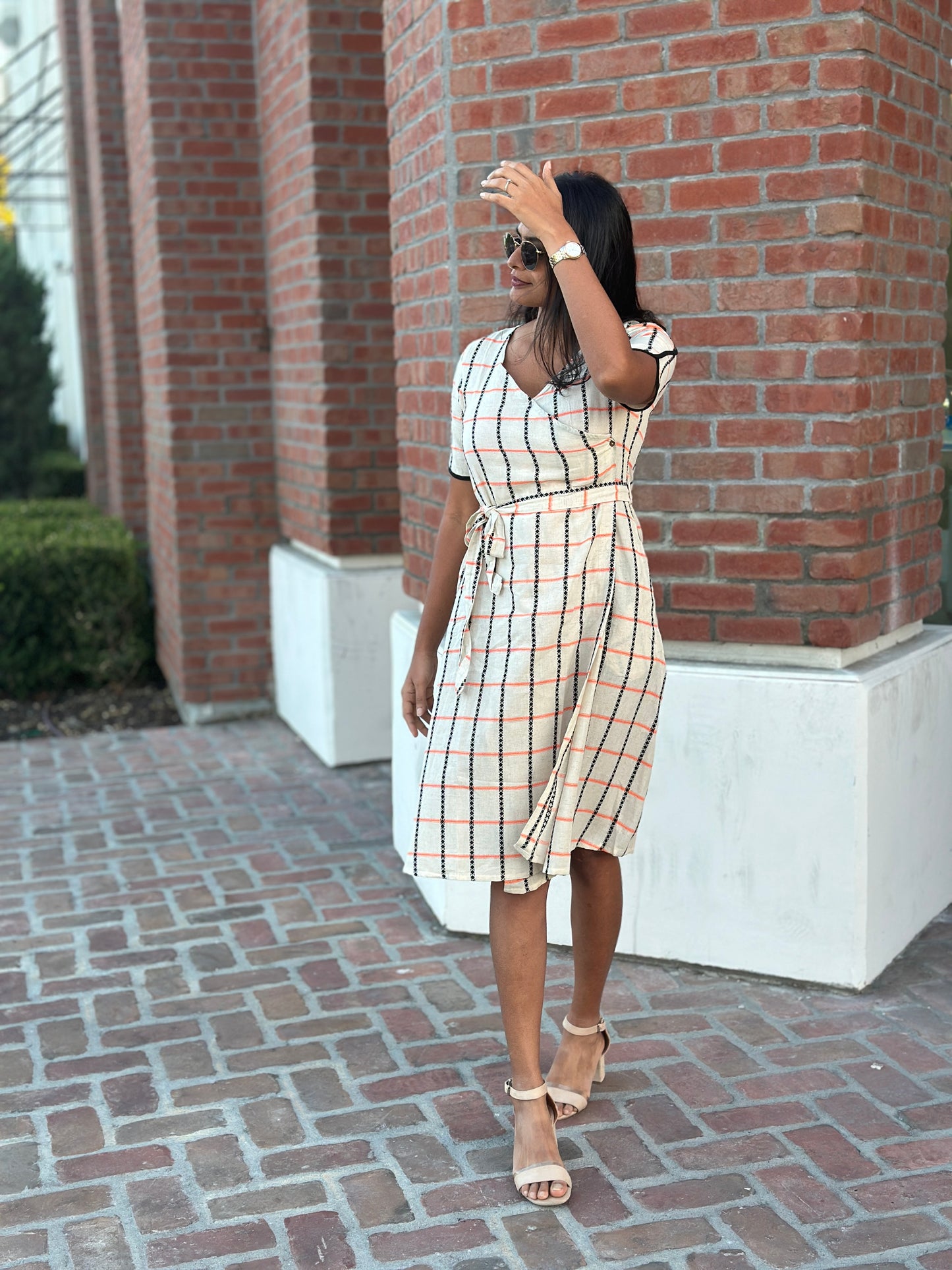 Checkered Wrap Midi Dress