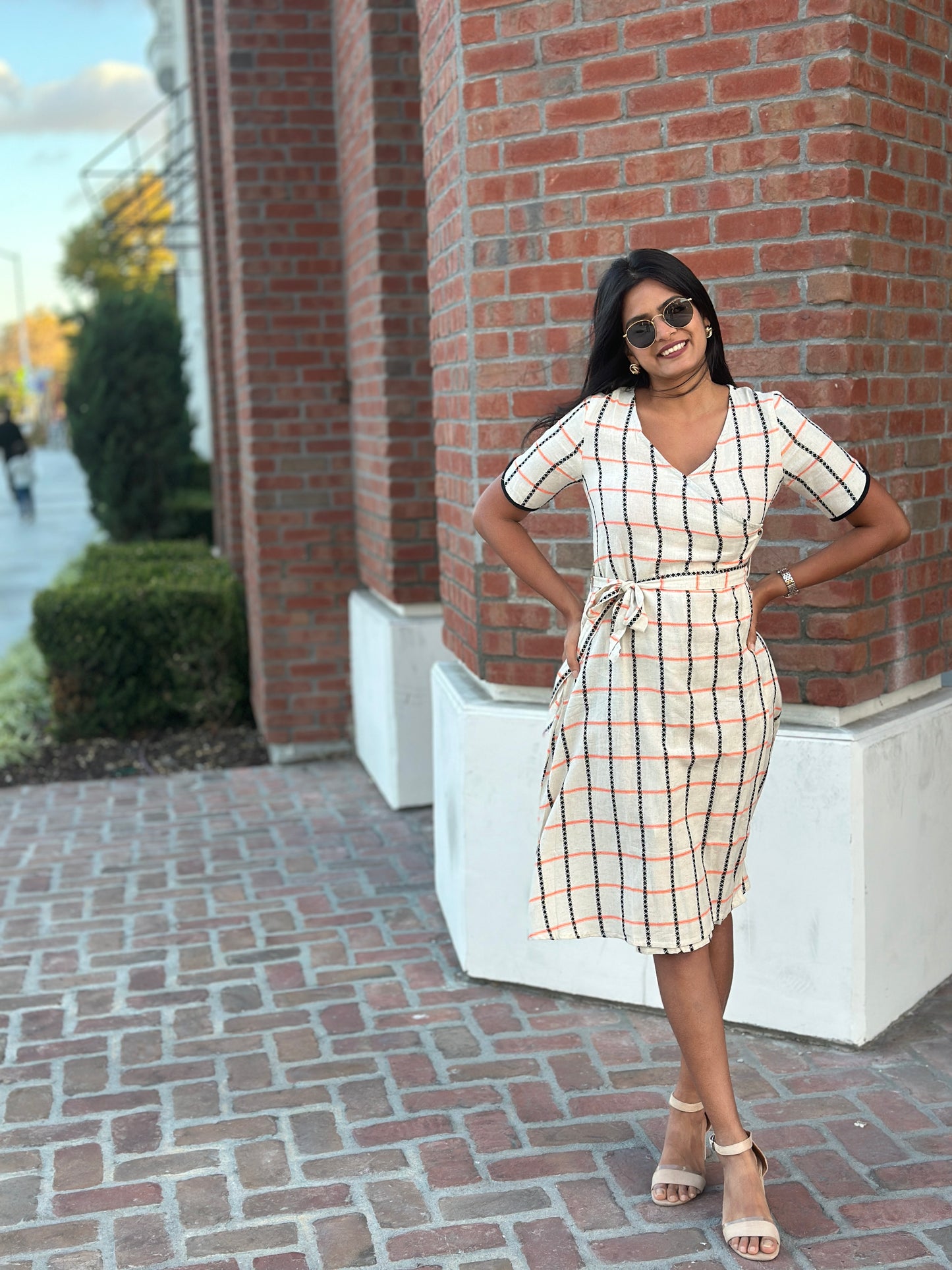 Checkered Wrap Midi Dress